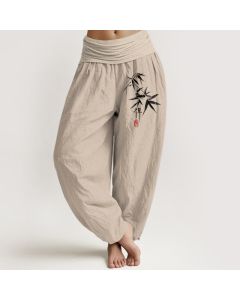 Buddha Stones Pure Cotton Bamboo Zen Pattern Women's Elastic Waist Harem Pants - OliveDrab / US22，UK/AU26，EU54 (6XL)