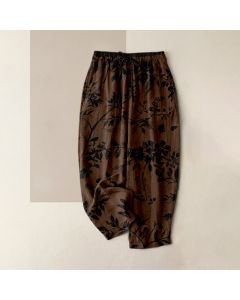 Buddha Stones Pure Cotton Black Botanical Leaf Pattern Women's Elastic Waist Pants With Pockets - ForestGreen / US16，UK/AU20，EU48 (3XL)