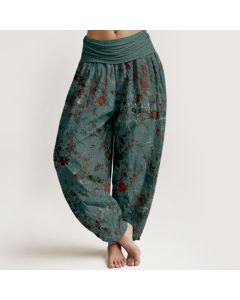 Buddha Stones Pure Cotton Blooming Flowers Branches Leaves Women's Elastic Waist Harem Pants - LightBlue / US16，UK/AU20，EU48 (3XL)