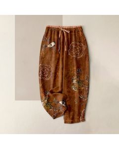 Buddha Stones Pure Cotton Bohemian Floral Bird Pattern Women's Elastic Waist Pants With Pockets - SteelBlue / US16，UK/AU20，EU48 (3XL)