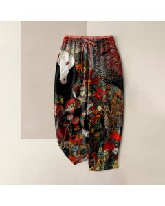 Buddha Stones Pure Cotton Bohemian Floral Horse Pattern Women's Elastic Waist Pants With Pockets - Orange / US16，UK/AU20，EU48 (3XL)
