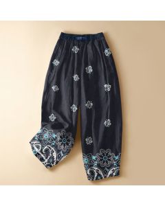 Buddha Stones Pure Cotton Bohemian Floral Paisley Pattern Frog Button Women's Elastic Waist Harem Pants With Pockets - MidnightBlue / US2，UK/AU6，EU34 (XS)