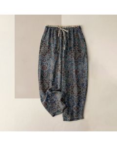 Buddha Stones Pure Cotton Bohemian Floral Pattern Women's Elastic Waist Pants With Pockets - SaddleBrown / US16，UK/AU20，EU48 (3XL)