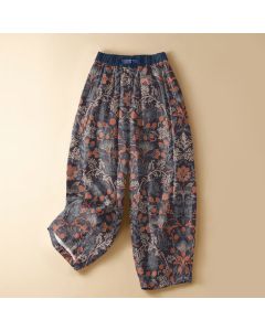 Buddha Stones Pure Cotton Bohemian Floral Vine Pattern Frog Button Women's Elastic Waist Harem Pants With Pockets - Teal / US2，UK/AU6，EU34 (XS)