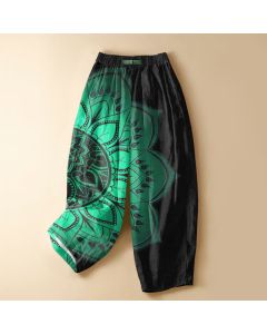 Buddha Stones Pure Cotton Bohemian Mandala Floral Pattern Frog Button Women's Elastic Waist Harem Pants With Pockets - Teal / US2，UK/AU6，EU34 (XS)