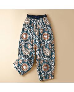 Buddha Stones Pure Cotton Bohemian Paisley Floral Pattern Frog Button Women's Elastic Waist Harem Pants With Pockets - SteelBlue / US2,UK/AU6,EU34 (XS)