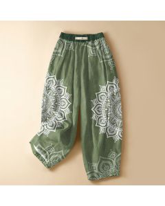 Buddha Stones Pure Cotton Bohemian White Mandala Pattern Frog Button Women's Elastic Waist Harem Pants With Pockets - OliveDrab / US12，UK/AU16，EU44 (XL)