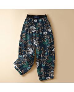 Buddha Stones Pure Cotton Botanical Flower Leaf Pattern Frog Button Women's Elastic Waist Harem Pants With Pockets - Navy / US2，UK/AU6，EU34 (XS)