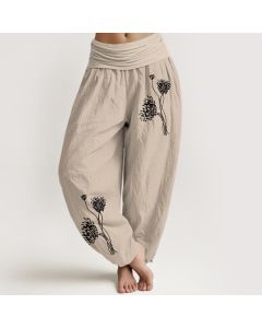 Buddha Stones Pure Cotton Botanical Pattern Women's Elastic Waist Harem Pants - Tan / US6，UK/AU10，EU38 (M)