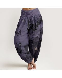 Buddha Stones Pure Cotton Butterfly Flowers Pattern Women's Elastic Waist Harem Pants - DarkViolet / US22，UK/AU26，EU54 (6XL)