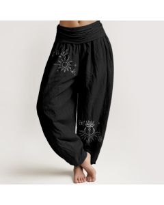 Buddha Stones Pure Cotton Butterfly Sun Lotus Moon Pattern Women's Elastic Waist Harem Pants - Black / US2，UK/AU6，EU34 (XS)