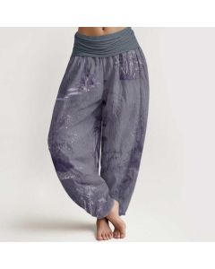 Buddha Stones Pure Cotton Casual Bamboo Rock Ink Painting Women's Elastic Waist Harem Pants - Tan / US2，UK/AU6，EU34 (XS)