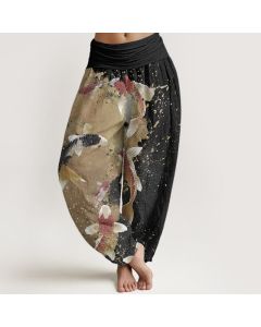 Buddha Stones Pure Cotton Casual Koi Fish Gold Ink Background Pattern Women's Elastic Waist Harem Pants - Black / US2，UK/AU6，EU34 (XS)