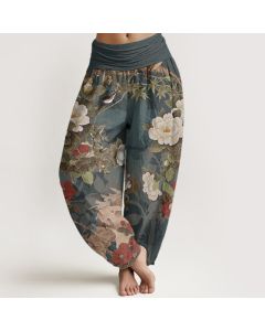 Buddha Stones Pure Cotton Casual Peony Flowers Leaves Magpie Women's Elastic Waist Harem Pants - SteelBlue / US22，UK/AU26，EU54 (6XL)