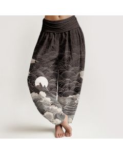 Buddha Stones Pure Cotton Casual Wave Moon Mountain Pattern Women's Elastic Waist Harem Pants - Wheat / US22，UK/AU26，EU54 (6XL)