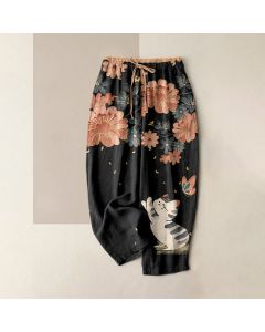 Buddha Stones Pure Cotton Cat Butterfly Pink Blossom Pattern Women's Elastic Waist Pants With Pockets - OliveDrab / US16，UK/AU20，EU48 (3XL)