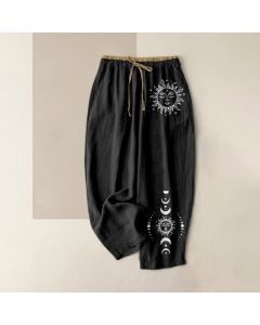 Buddha Stones Pure Cotton Celestial Sun Moon & Star Pattern Women's Elastic Waist Pants With Pockets - SaddleBrown / US16，UK/AU20，EU48 (3XL)