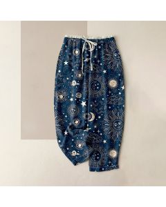 Buddha Stones Pure Cotton Celestial Sun Moon Stars Pattern Women's Elastic Waist Pants With Pockets - LightSteelBlue / US16，UK/AU20，EU48 (3XL)