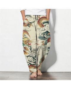 Buddha Stones Pure Cotton Cloud Dragon Pattern Drawstring Men's Tapered Pants With Pockets - Beige / US/UK/AU38，EU48 (M)