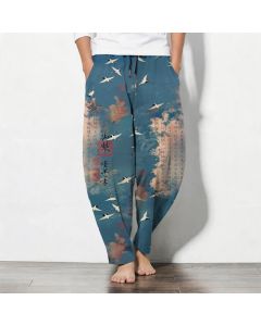 Buddha Stones Pure Cotton Crane Cloud Calligraphy Pattern Drawstring Men's Tapered Pants With Pockets - Teal / US/UK/AU38，EU48 (M)