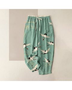 Buddha Stones Pure Cotton Crane Cloud Pattern Women's Elastic Waist Pants With Pockets - SaddleBrown / US16，UK/AU20，EU48 (3XL)
