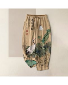 Buddha Stones Pure Cotton Crane Lotus Ink Pattern Women's Elastic Waist Pants With Pockets - BurlyWood / US4，UK/AU8，EU36 (S)
