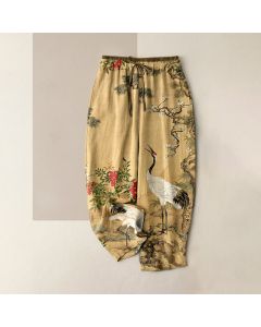 Buddha Stones Pure Cotton Crane Pine Pattern Women's Elastic Waist Pants With Pockets - PaleTurquoise / US16，UK/AU20，EU48 (3XL)