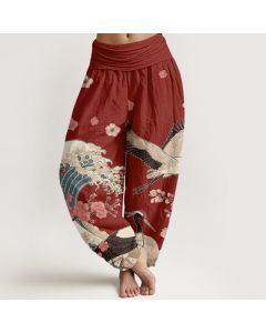Buddha Stones Pure Cotton Cranes Peach Blossoms Ocean Women's Elastic Waist Harem Pants - Linen / US12，UK/AU16，EU44 (XL)