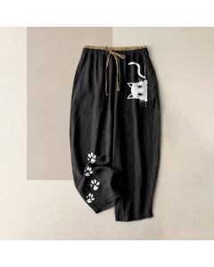 Buddha Stones Pure Cotton Cute Cat Paw Print Pattern Women's Elastic Waist Pants With Pockets - SaddleBrown / US16，UK/AU20，EU48 (3XL)