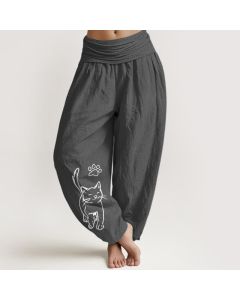 Buddha Stones Pure Cotton Cute Cat Print Women's Harem Elastic Waist Pants - OliveDrab / US22，UK/AU26，EU54 (6XL)