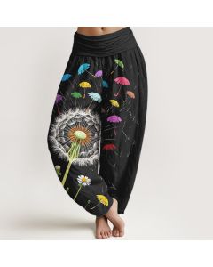 Buddha Stones Pure Cotton Dandelion Bloom Pattern Women's Elastic Waist Harem Pants - DarkKhaki / US16，UK/AU20，EU48 (3XL)
