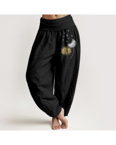 Buddha Stones Pure Cotton Dandelion Bloom Pattern Women's Elastic Waist Harem Pants - OliveDrab / US16，UK/AU20，EU48 (3XL)