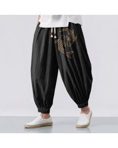 Buddha Stones Pure Cotton Double Koi Fish Pattern Drawstring Men's Harem Pants With Pockets - Black / US/UK/AU38，EU48 (M)