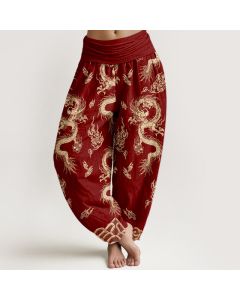 Buddha Stones Pure Cotton Dragon And Cloud Pattern Women's Elastic Waist Harem Pants - Black / US8-10，UK/AU12-14，EU40-42 (L)