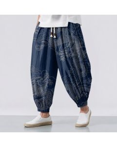 Buddha Stones Pure Cotton Dragon Auspicious Clouds Pattern Drawstring Men's Harem Pants With Pockets - Navy / US/UK/AU38，EU48 (M)