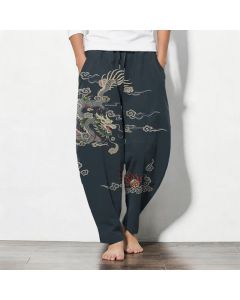 Buddha Stones Pure Cotton Dragon Cloud Fireball Pattern Drawstring Men's Tapered Pants With Pockets - DarkGreen / US/UK/AU42，EU52 (XL)