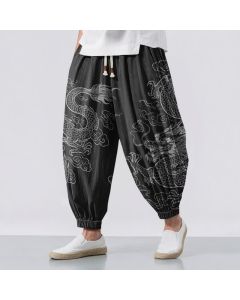 Buddha Stones Pure Cotton Dragon Cloud Pattern Drawstring Men's Harem Pants With Pockets - Black / US/UK/AU38，EU48 (M)