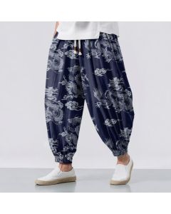 Buddha Stones Pure Cotton Dragon Clouds Pattern Drawstring Men's Harem Pants With Pockets - ForestGreen / US/UK/AU40，EU50 (L)