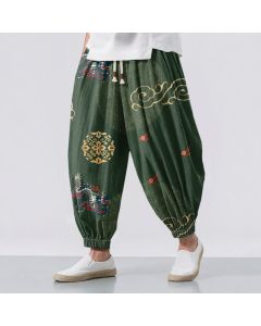 Buddha Stones Pure Cotton Dragon Golden Cloud Medallion Pattern Drawstring Men's Harem Pants With Pockets - ForestGreen / US/UK/AU38，EU48 (M)