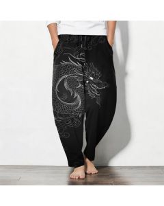 Buddha Stones Pure Cotton Dragon Line Art Pattern Drawstring Men's Tapered Pants With Pockets - Black / US/UK/AU42，EU52 (XL)