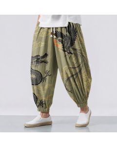 Buddha Stones Pure Cotton Dragon Phoenix Cloud Pattern Drawstring Men's Harem Pants With Pockets - WhiteSmoke / US/UK/AU42，EU52 (XL)