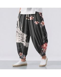 Buddha Stones Pure Cotton Dragon Sakura Lotus Pattern Drawstring Men's Harem Pants With Pockets - Black / US/UK/AU38，EU48 (M)
