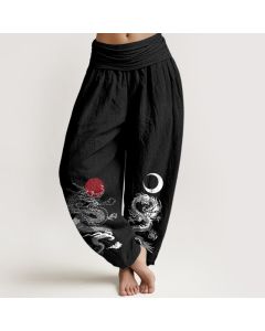 Buddha Stones Pure Cotton Dragon Sun Moon Pattern Women's Elastic Waist Harem Pants - OliveDrab / US22，UK/AU26，EU54 (6XL)