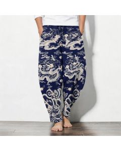 Buddha Stones Pure Cotton Dragon Wave Pattern Drawstring Men's Tapered Pants With Pockets - Navy / US/UK/AU38，EU48 (M)