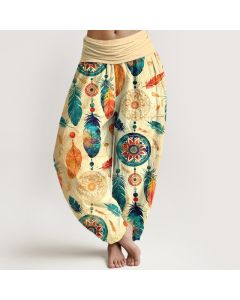 Buddha Stones Pure Cotton Dreamcatcher Feather Pattern Women's Elastic Waist Harem Pants - White / US16，UK/AU20，EU48 (3XL)