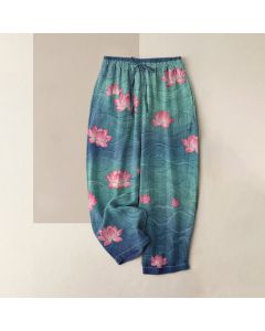 Buddha Stones Pure Cotton Dreamy Gradient Lotus Pattern Women's Elastic Waist Pants With Pockets - Teal / US4，UK/AU8，EU36 (S)