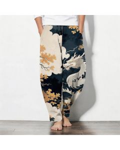 Buddha Stones Pure Cotton Eastern Dragon Cloud Pattern Drawstring Men's Tapered Pants With Pockets - Navy / US/UK/AU38，EU48 (M)