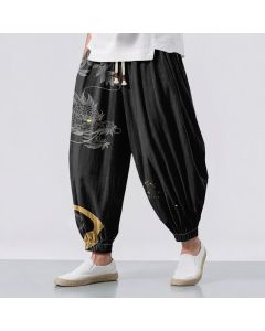Buddha Stones Pure Cotton Eastern Dragon Pattern Drawstring Men's Harem Pants With Pockets - Black / US/UK/AU38，EU48 (M)