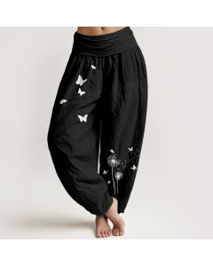Buddha Stones Pure Cotton Elegant Butterfly Dandelion Pattern Women's Elastic Waist Harem Pants - OliveDrab / US16，UK/AU20，EU48 (3XL)