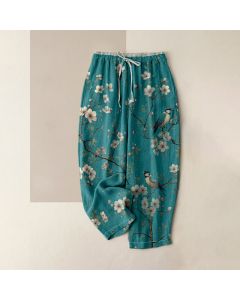Buddha Stones Pure Cotton Elegant Cherry Blossom Bird Pattern Women's Elastic Waist Pants With Pockets - MediumTurquoise / US4，UK/AU8，EU36 (S)